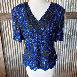 Vintage Stenay Blue over Black Floral Sequin Top